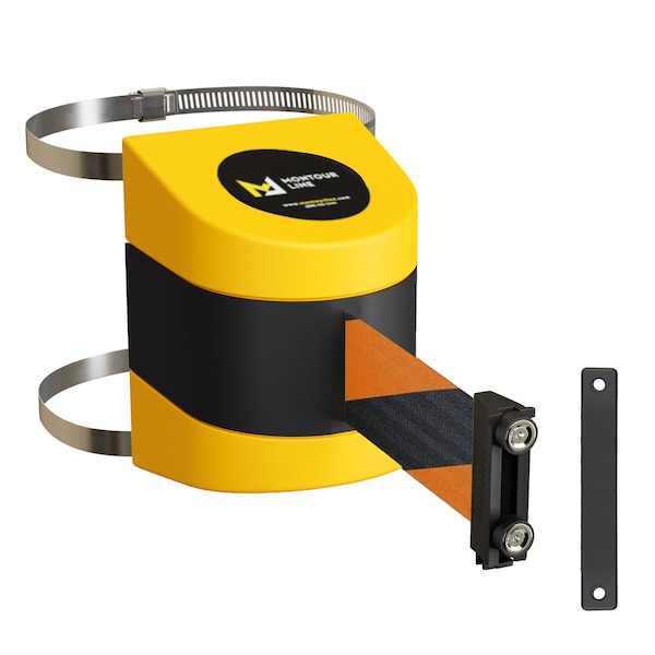 Montour Line Retractable Belt Barrier YW Clamped Wall Mount, 15' Blk/Or Belt (M) WMX140-YW-BOD-C-M-150 - main